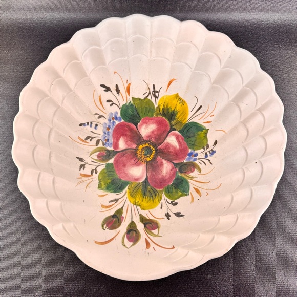 Source Unknown Other - Vintage Italian Pottery Large Scalloped Edge Bowl Hand Painted Florals